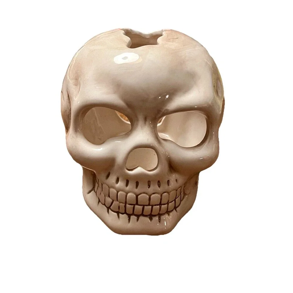 Halloween Skull Skeleton White Ceramic Votive Candle Holder Gothic Decor 5”
